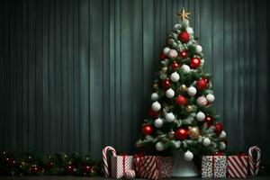 AI generated Decorated Christmas tree with copyspace photo