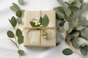 AI generated Stylish Christmas gift box wrapped and decorated in natural materials recycled paper jute rope and fir tree branches photo