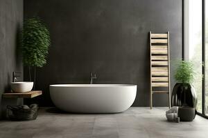 AI generated 3d rendered Minimal style black theme Modern bathroom interior design with bathtub photo