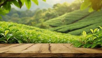 vacío de madera mesa o de madera escritorio en naturaleza antecedentes de verde hojas y té plantación foto