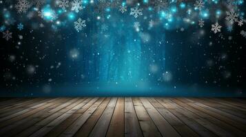 AI generated Merry christmas and happy new year greeting background with table. Winter landscape with snowflakes. Copyspace for text photo