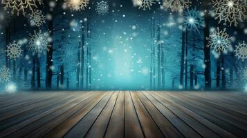 AI generated Merry christmas and happy new year greeting background with table. Winter landscape with snowflakes. Copyspace for text photo