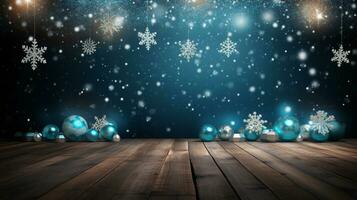 AI generated Merry christmas and happy new year greeting background with table. Winter landscape with snowflakes. Copyspace for text photo