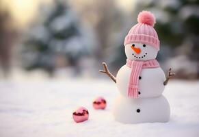 AI generated happy snowman in winter scenery at dusk with copy space photo