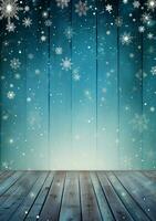 AI generated Merry christmas and happy new year greeting background with table. Winter landscape with snowflakes. Copyspace for text photo