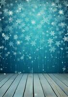 AI generated Merry christmas and happy new year greeting background with table. Winter landscape with snowflakes. Copyspace for text photo