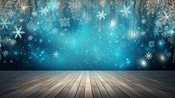 AI generated Merry christmas and happy new year greeting background with table. Winter landscape with snowflakes. Copyspace for text photo