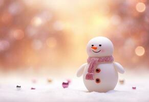 AI generated happy snowman in winter scenery at dusk with copy space photo