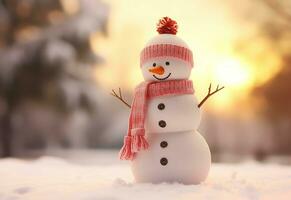 AI generated happy snowman in winter scenery at dusk with copy space photo