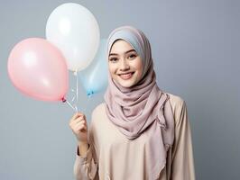 AI generated Hijab woman with pink balloon and smile isolated on grey background photo