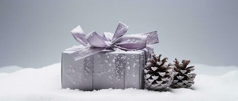 AI generated winter gift with purple ribbon with pinecones on a white background and snowflakes photo