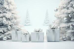 ai generado invierno regalo con un plata cinta debajo un pino árbol con un blanco antecedentes y copos de nieve. hd fondo de pantalla foto