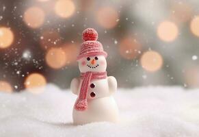 AI generated happy snowman in winter scenery at dusk with copy space photo