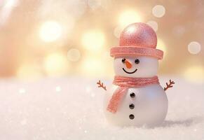 AI generated happy snowman in winter scenery at dusk with copy space photo