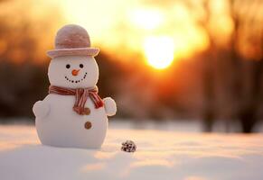 AI generated happy snowman in winter scenery at dusk with copy space photo