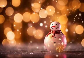 AI generated happy snowman in winter scenery at dusk with copy space photo