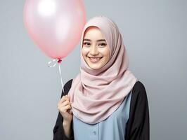 AI generated Hijab woman with pink balloon and smile isolated on grey background photo