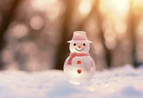 AI generated happy snowman in winter scenery at dusk with copy space photo