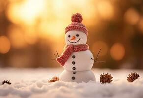 AI generated happy snowman in winter scenery at dusk with copy space photo