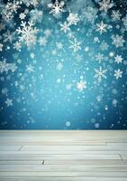 AI generated Merry christmas and happy new year greeting background with table. Winter landscape with snowflakes. Copyspace for text photo