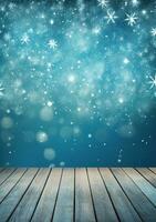 AI generated Merry christmas and happy new year greeting background with table. Winter landscape with snowflakes. Copyspace for text photo