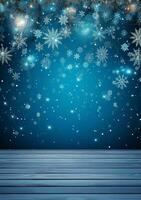 AI generated Merry christmas and happy new year greeting background with table. Winter landscape with snowflakes. Copyspace for text photo