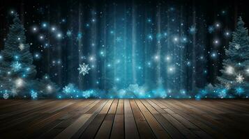 AI generated Merry christmas and happy new year greeting background with table. Winter landscape with snowflakes. Copyspace for text photo