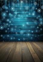 AI generated Merry christmas and happy new year greeting background with table. Winter landscape with snowflakes. Copyspace for text photo