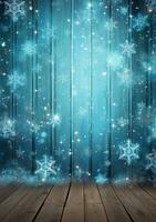 AI generated Merry christmas and happy new year greeting background with table. Winter landscape with snowflakes. Copyspace for text photo