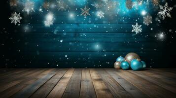 AI generated Merry christmas and happy new year greeting background with table. Winter landscape with snowflakes. Copyspace for text photo