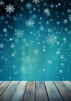 AI generated Merry christmas and happy new year greeting background with table. Winter landscape with snowflakes. Copyspace for text photo