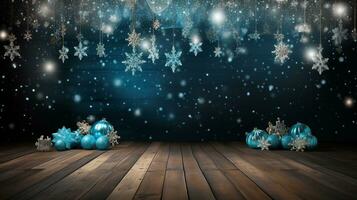 AI generated Merry christmas and happy new year greeting background with table. Winter landscape with snowflakes. Copyspace for text photo