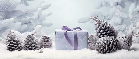 AI generated winter gift with purple ribbon with pinecones on a white background and snowflakes photo