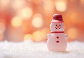 AI generated happy snowman in winter scenery at dusk with copy space photo