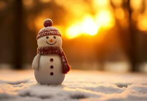 AI generated Panoramic view of happy snowman in winter scenery at dusk with copy space photo