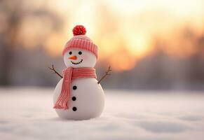 AI generated happy snowman in winter scenery at dusk with copy space photo