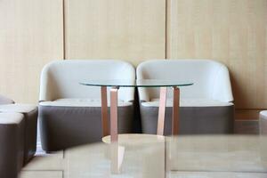 Interior of a modern cafe with tables and chairs, stock photo