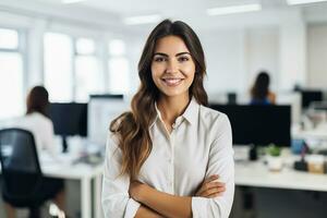 AI generated Portrait of successful and happy businesswoman, office worker smiling and looking at camera with crossed arms, working inside modern office. photo