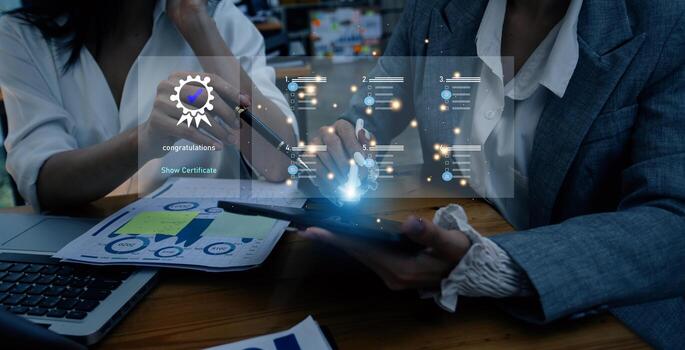 Online digital audit survey form, assessment test survey on technology internet website, answer test questions, study take an assessment for certificate. Questionnaire, evaluation, Fill out the form. photo