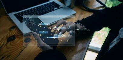 Ai Technology, Chat with AI, Artificial Intelligence. Man using technology smart robot AI, artificial intelligence by chat and command prompt for generates something, technology transformation. photo
