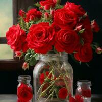 AI generated A bouquet of vibrant red roses, delicately arranged in a rustic mason jar AI generated photo