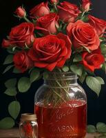 AI generated A bouquet of vibrant red roses, delicately arranged in a rustic mason jar AI generated photo