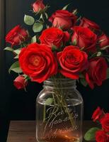 AI generated A bouquet of vibrant red roses, delicately arranged in a rustic mason jar AI generated photo