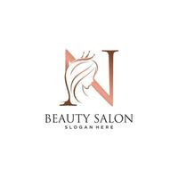 Woman beauty logo design vector illustration with letter n and crown icon