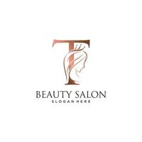 Woman beauty logo design vector illustration with letter t and crown icon