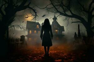 AI generated Enchanting Woman halloween house. Generate Ai photo