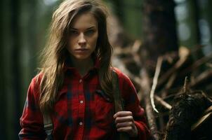 AI generated Patient Lumberjack woman forest. Generate Ai photo