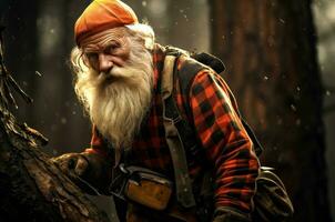 AI generated Hardworking Lumberjack old person forest. Generate Ai photo