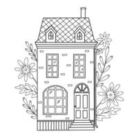 cute hand drawn cottage, house decorated with flowers and leaves for prints, cards, posters, coloring pages, sublimation, stationary, scrapbooking,  banners, etc. EPS 10 vector