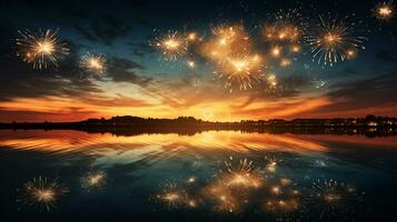 AI generated capture the reflection of fireworks on the surface of a calm body of water. Generative AI photo